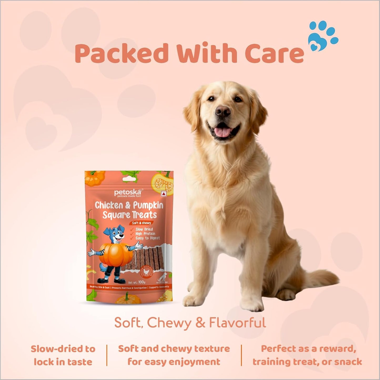 Petoska Chicken & Pumpkin Square Sticks – 100gms | Healthy & Tasty Dog Chews | Real Chicken & Pumpkin | Supports Digestion & Immunity | Dogs of All Breeds
