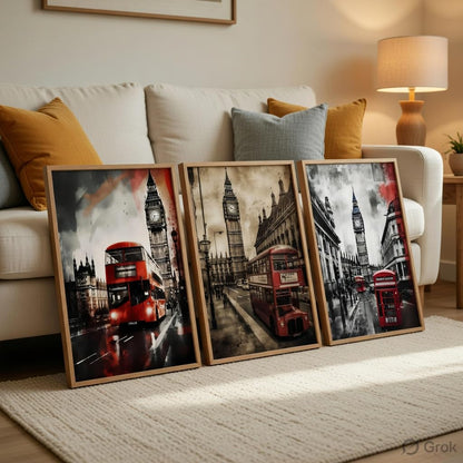 London City Wall Painting Set of 3 with Wooden Frames | Big Ben & Red Bus London Street Artwork HD Sparkle Laminated MDF Wall Decor | Modern Travel Wall Art for Living Room