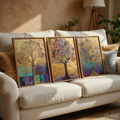 Abstract Tree Wall Painting Set of 3 with Wooden Frames | Modern Golden Tree Artwork HD Sparkle Laminated MDF Wall Decor | Elegant Nature Tree Wall Art for Living Room Bedroom
