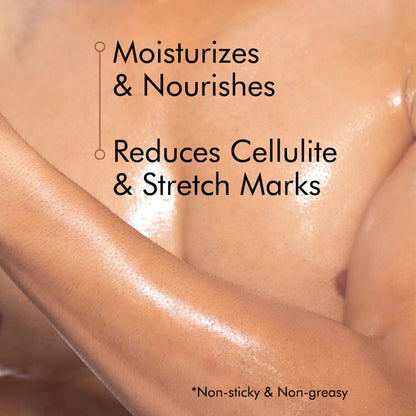 Close-up of a person's arm with text highlighting moisturizing, nourishing, cellulite reduction, and stretch mark reduction benefits.