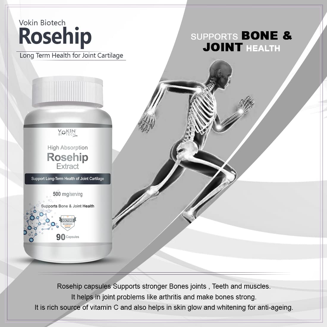 Vokin Biotech Rosehip supplement bottle with skeleton illustration on a gray background