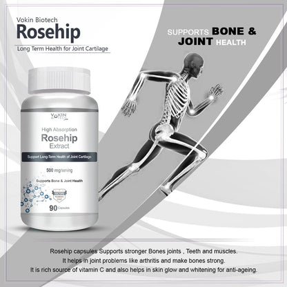 Vokin Biotech Rosehip supplement bottle with skeleton illustration on a gray background