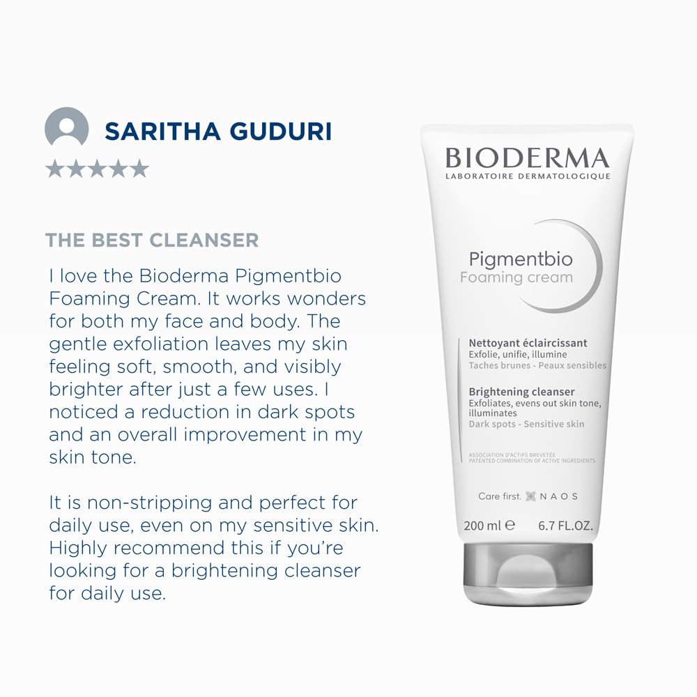 Bioderma Pigmentbio Foaming Cream with a review by Saritha Guduri on a white background