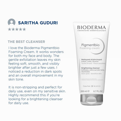 Bioderma Pigmentbio Foaming Cream with a review by Saritha Guduri on a white background