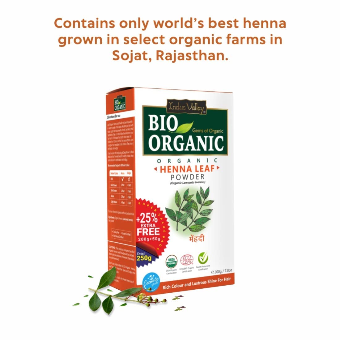 Bio Organic Henna Leaf Powder packaging on a white background with text about world's best henna.