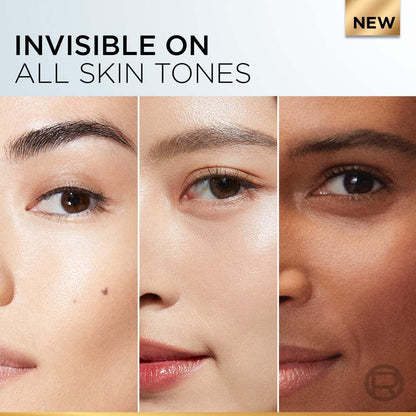 Three close-up views of a woman's eyes with the text 'Invisible on all skin tones' and a brand logo.