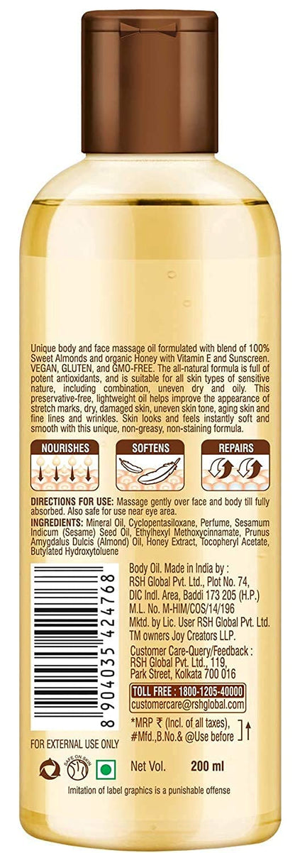 Joy Honey & Almonds Body Oil – After-Bath Daily-Use Badam Massage Oil with Vitamin E & Sunscreen | Full-Body Relaxation, Dry-Skin & Winter Moisture | 200 ml