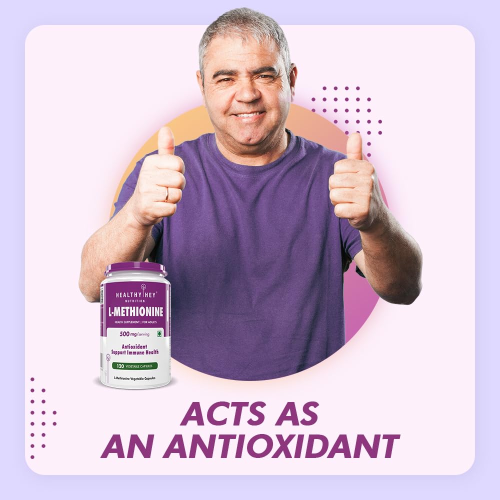 Man giving thumbs up with a bottle of L-Methionine supplement on a purple background