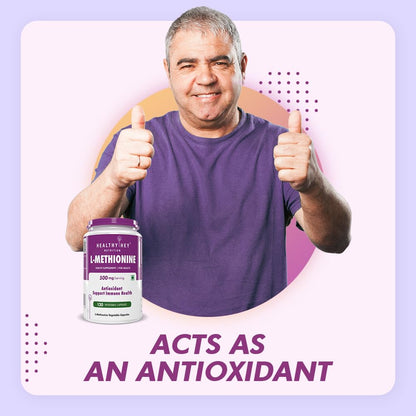 Man giving thumbs up with a bottle of L-Methionine supplement on a purple background