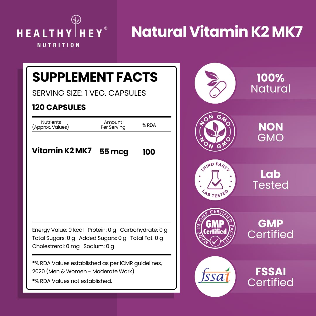 Healthy Hey Nutrition Natural Vitamin K2 MK7 supplement label on a purple background