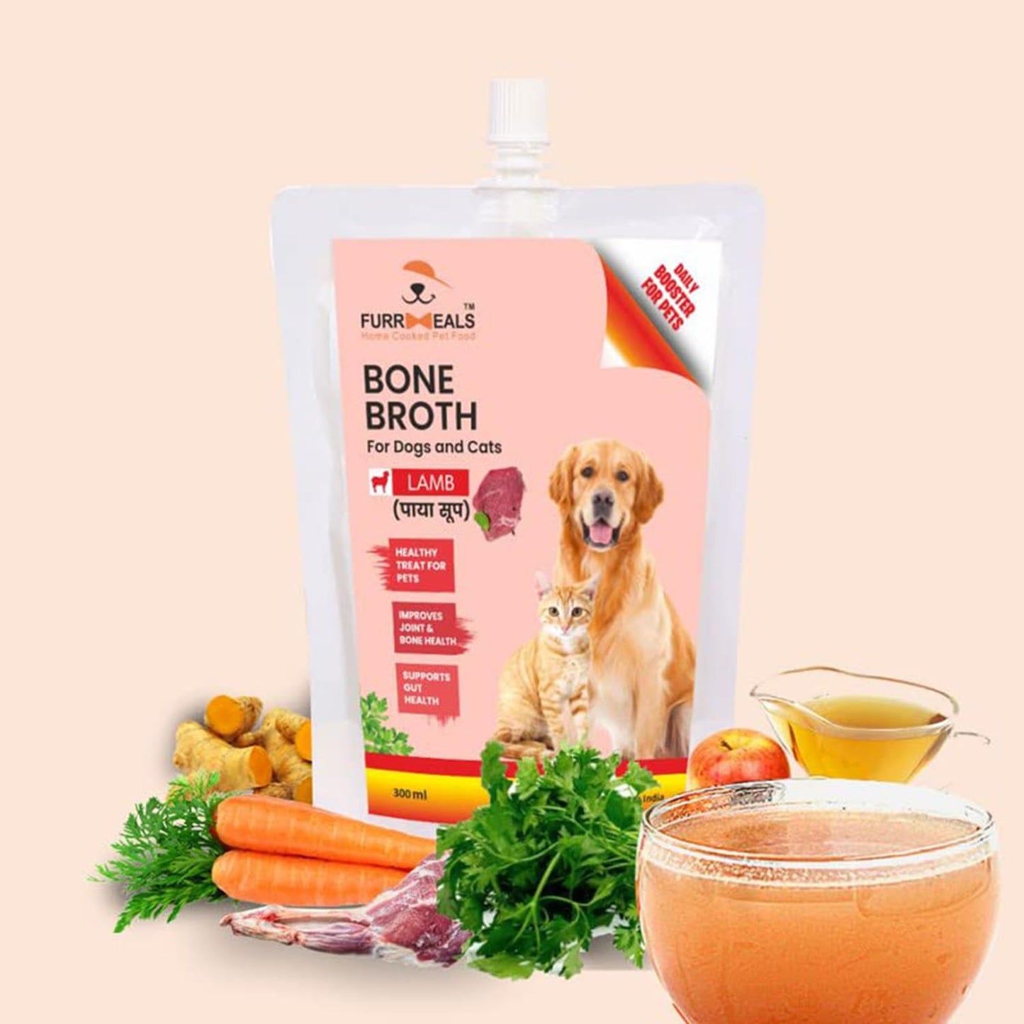 FurrMeals Lamb Bone Broth - Paya Soup | All Life Stages Ready to Serve I Gravy/Wet Dog Food | Treat for Dogs and Cats | 300ml x Pack of 1 | Joint Health Natural Supplement