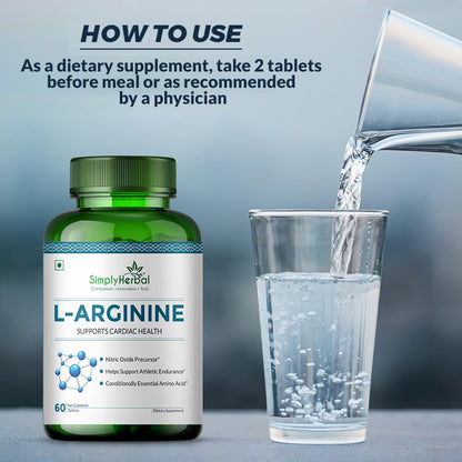 Simply Herbal L-Arginine Supplement 500 mg Pre- Post Workout For Men Women, Support Bone Muscle Building Amino Acid, Strength, Performance & Energy, Recovery, Immune System- 60 tablet
