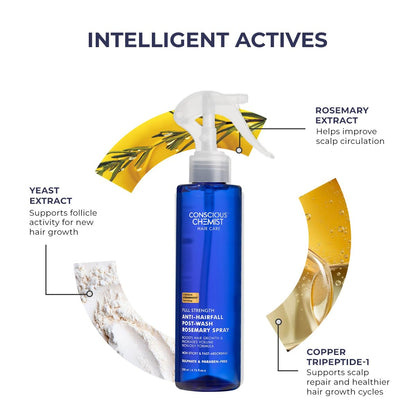 Blue spray bottle with text detailing ingredients and benefits on a white background