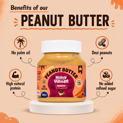 Nutty Village Jaggery Peanut Butter Crunchy with 25g Protein - Healthy Snack for Breakfast spread - No Palm Oil - Vegan and Gluten free - No Cholestrol - 325g Peanut Butter