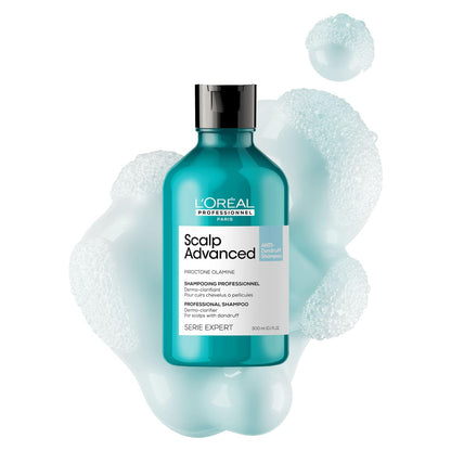 L'Oreal Scalp Advanced shampoo bottle with foam on a white background