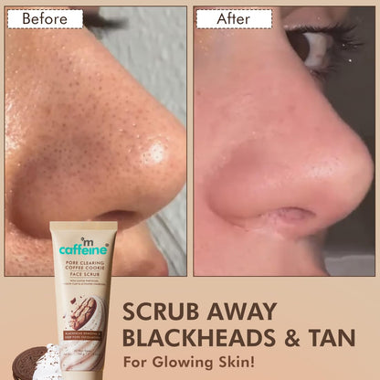 Before and after comparison of a nose with blackheads, featuring a caffeine face scrub product.