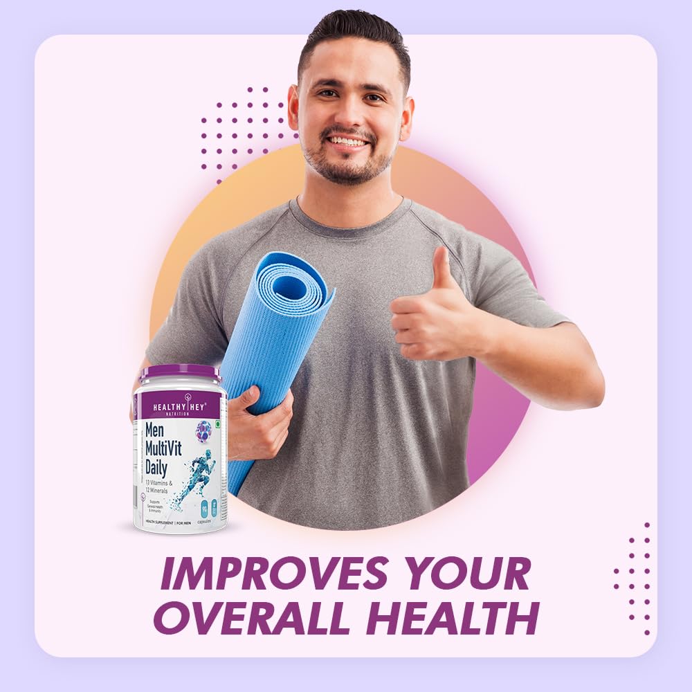 Man holding a supplement bottle and yoga mat with promotional text on a light purple background