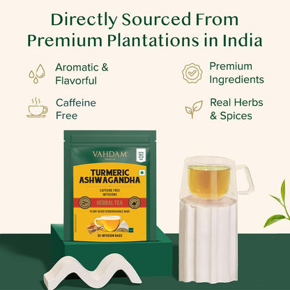 VAHDAM Turmeric Ashwagandha Herbal Tea - 50 Tea Bags | Fights Inflammation, Reduces Stress & Boosts Energy | 5-Herb Caffeine Free Blend | With Black Pepper, Lemongrass & Licorice
