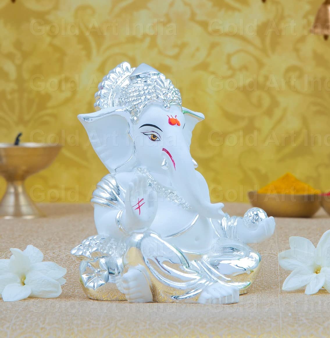Gold Art India Silver Plated White Gaddi Ganesha 8X6X5 Cm Ganesh Idol for Car Dashboard Small Ganesha Murti Ganpati Idol for Home Decor Puja Lord Ganesh Statue Gift for Office Desk Puja Room Figurine
