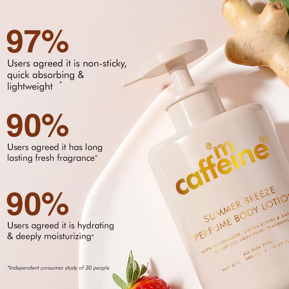 mCaffeine Summer Breeze Perfume Body Lotion| Niacinamide, Cocoa Butter & Shea Butter For Deep Moisturization | Lightweight, Non-Sticky | Aqua-Fresh Beachy Fragrance | Body Lotion For Dry Skin - 600ml