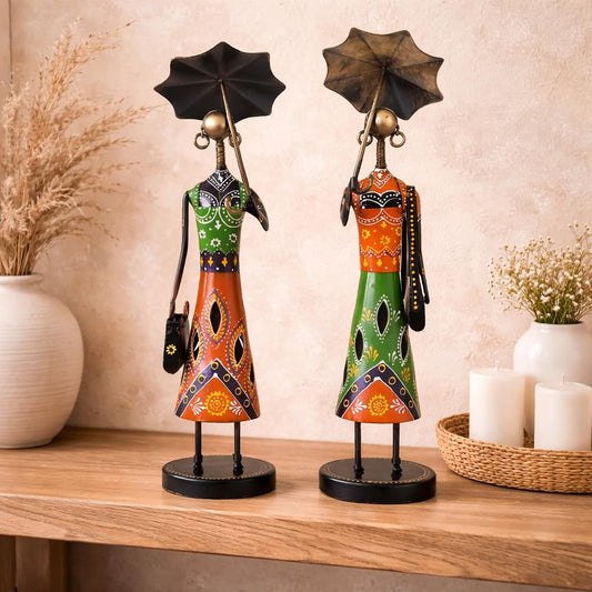 CraftVatika Metal Fashion Dolls with Umbrella Statue Decorative Showpiece Items for Home Decor Living Room Bedroom Table Desk Decoration & Gifts