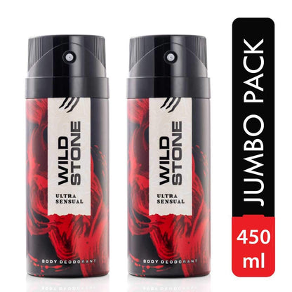 Two Wild Stone Ultra Sensual body deodorants with a jumbo pack label on a white background
