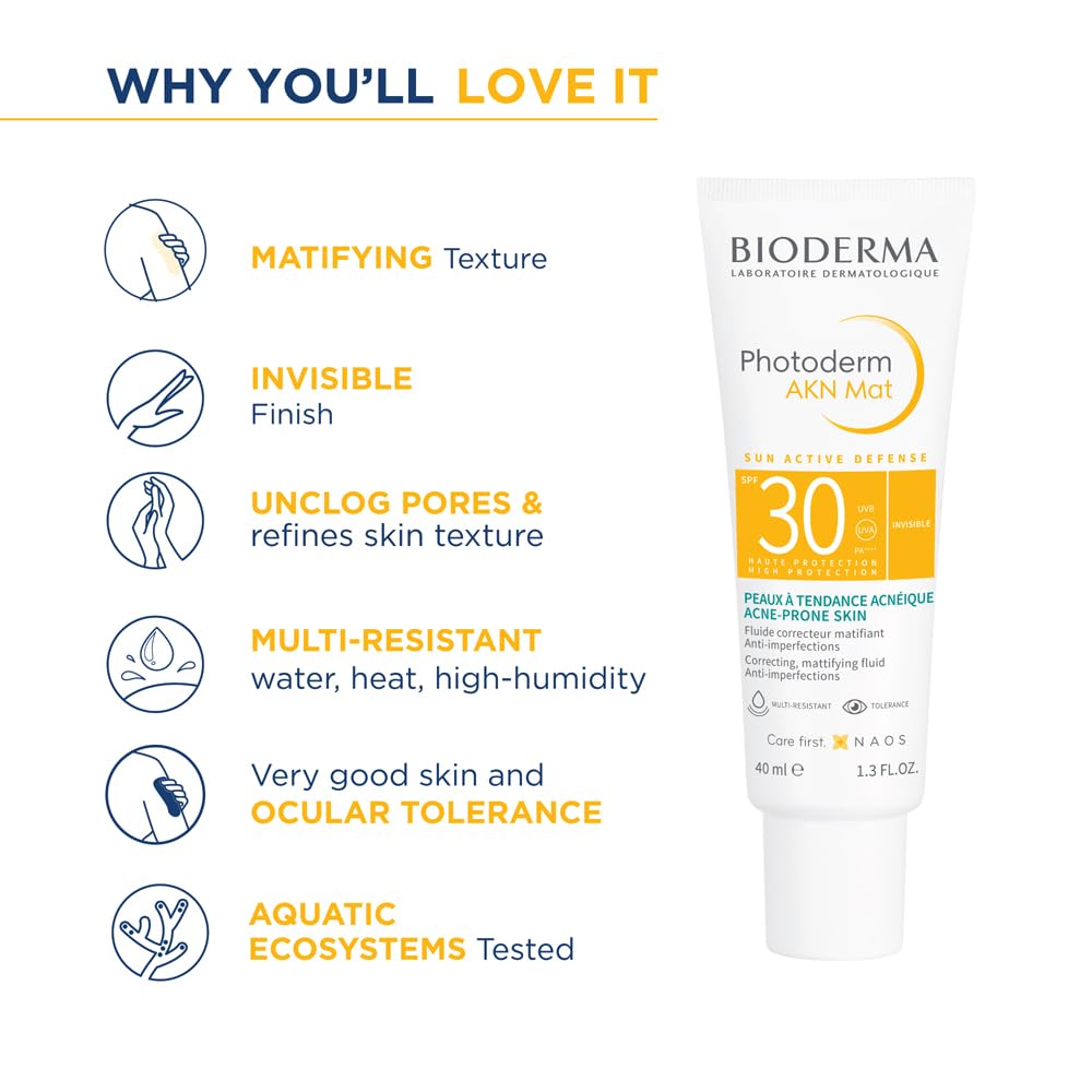 Bioderma Photoderm Akn Mat sunscreen tube with features listed on a white background