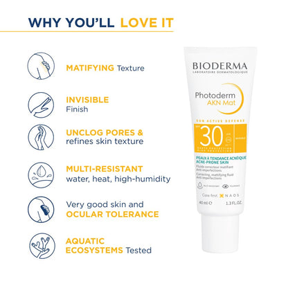 Bioderma Photoderm Akn Mat sunscreen tube with features listed on a white background