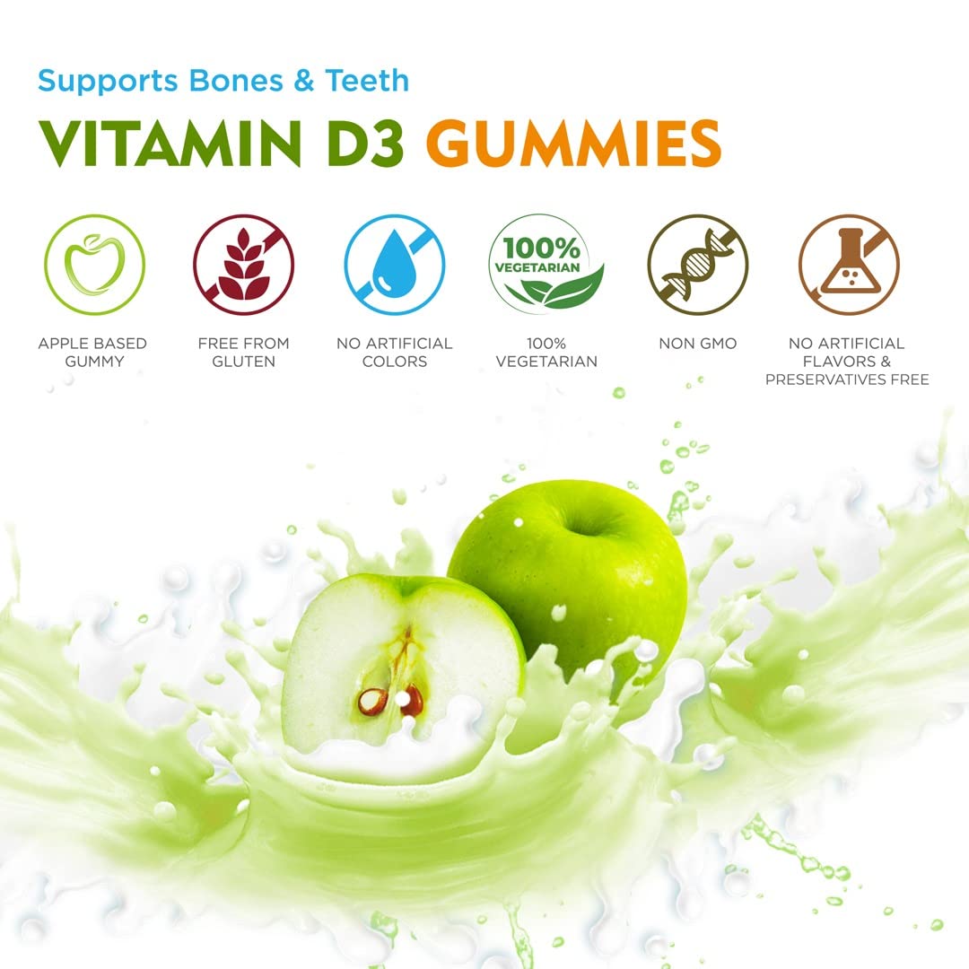 Vitamin D3 gummies advertisement with green apples and milk splash on a white background