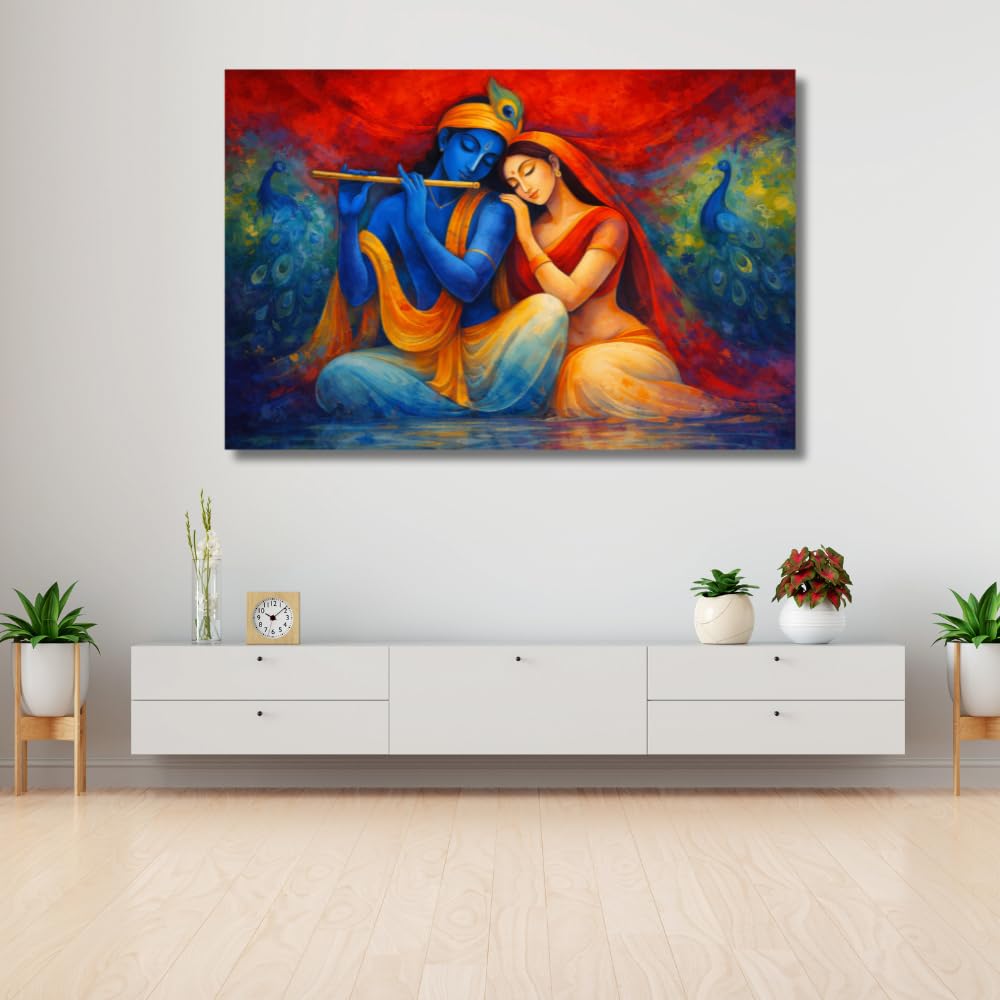Canvas Radha Krishna Wall Painting For Living Room Big Size | Spritual Wall Art Romantic Radha Krishna Painting For Wall Decoration Large size in Indian Traditional Art | Vastu Home Decor (26 X 18 INCH, Framed - SMALL)