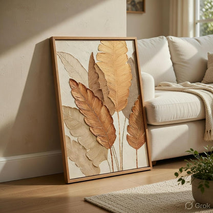 Minimalist Botanical Leaf Wall Painting with Wooden Frame | Modern Beige Leaf Artwork HD UV Laminated MDF Wall Decor | Aesthetic Nature Wall Art for Living Room Bedroom Home 13.5 Inch x 19.5 Inch