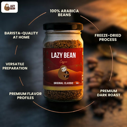 Lazy Bean Original Classic - Premium Instant Coffee Powder 50 g | Strong Black Coffee, Rich Aroma, Quick-Dissolving Granules | Ready in Seconds for Hot or Iced Brews at Home, Office, Travel