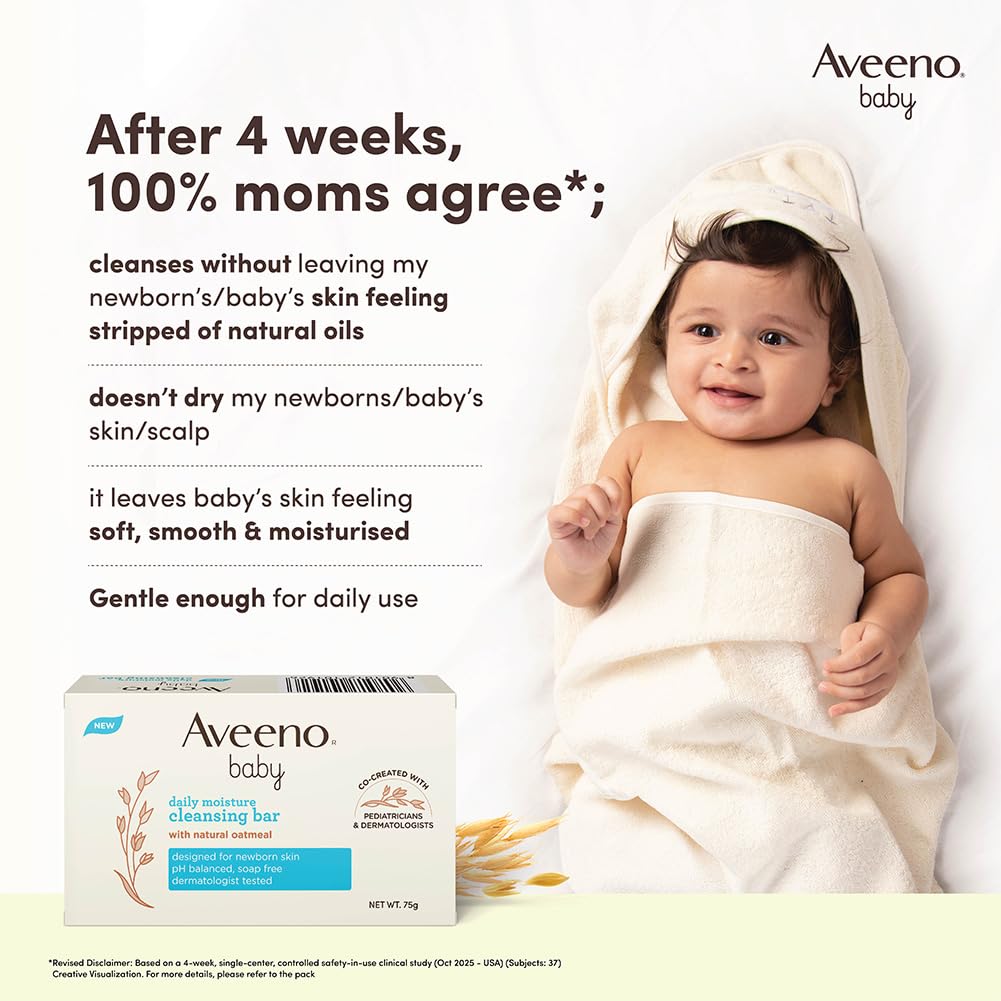 Aveeno Baby Daily Moisture Cleansing Bar 75g | With natural Oatmeal, Glycerin and Shea Butter | Co-created with Pediatricians and Dermatologists for newborn sensitive skin | pH balanced, free of soap, parabens sulfates and phthalates