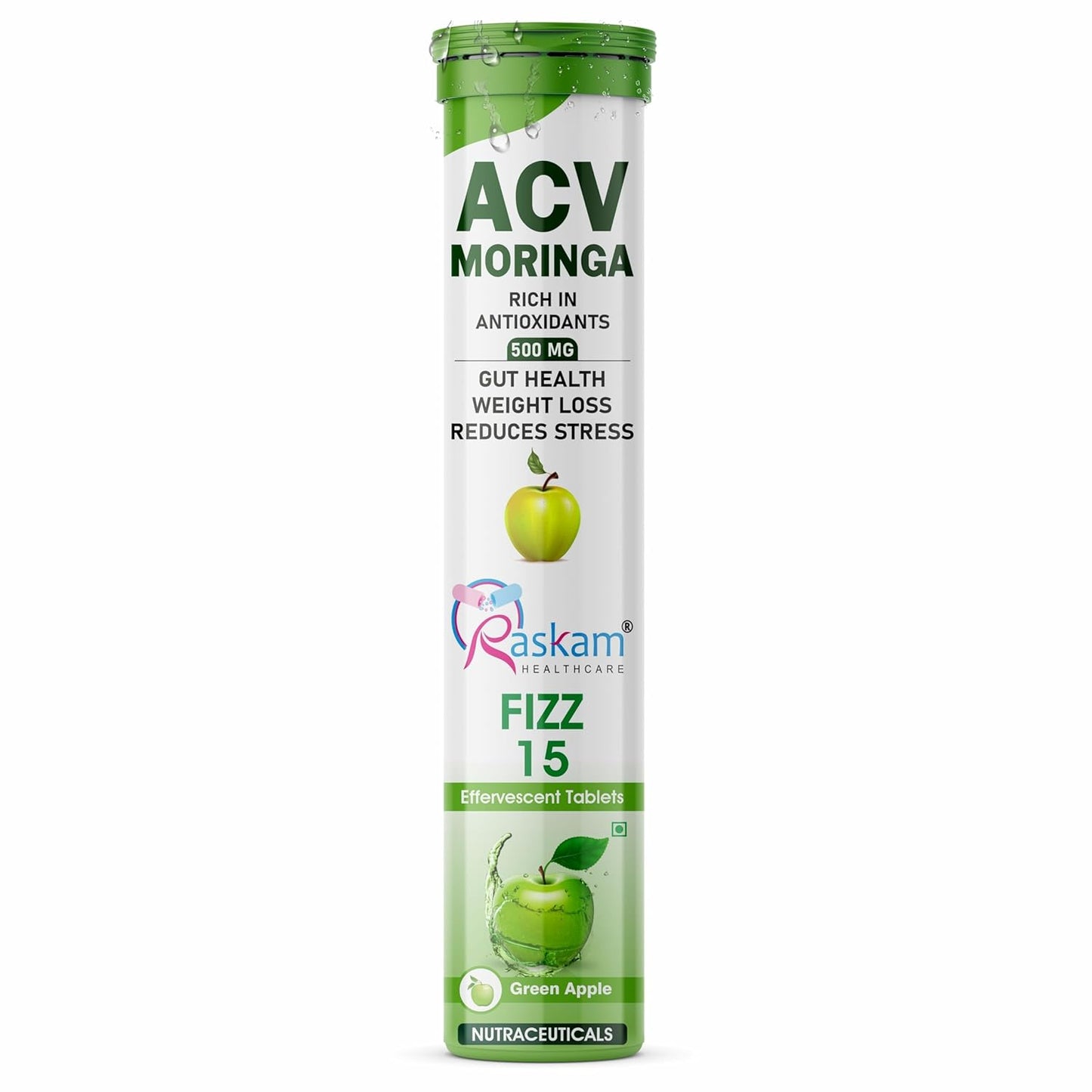 ACV Moringa Effervescent Tablets | Fizz 15 Tablets in Green Apple Flavor, 500mg| Natural Energy & Immunity Booster with Antioxidants to Control Cravings (Pack of 1)