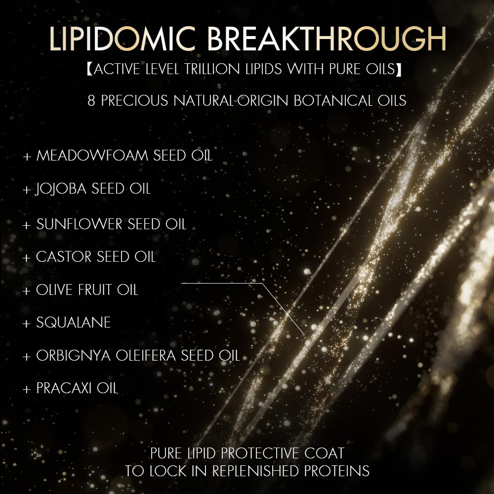 Lipidomic breakthrough product description with oils listed on a dark background