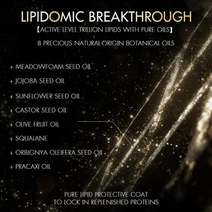 Lipidomic breakthrough product description with oils listed on a dark background