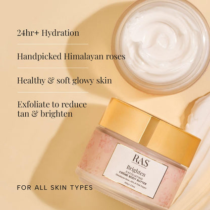Ras Luxury Oils Brighten Exfoliating Creme Body Butter with Pink Pepper & Himalayan Rose | 24 Hour Long Lasting Hydration | Non-Greasy, Quick Absorbing Tan Removal Moisturizer For All Skin Type, 100gm