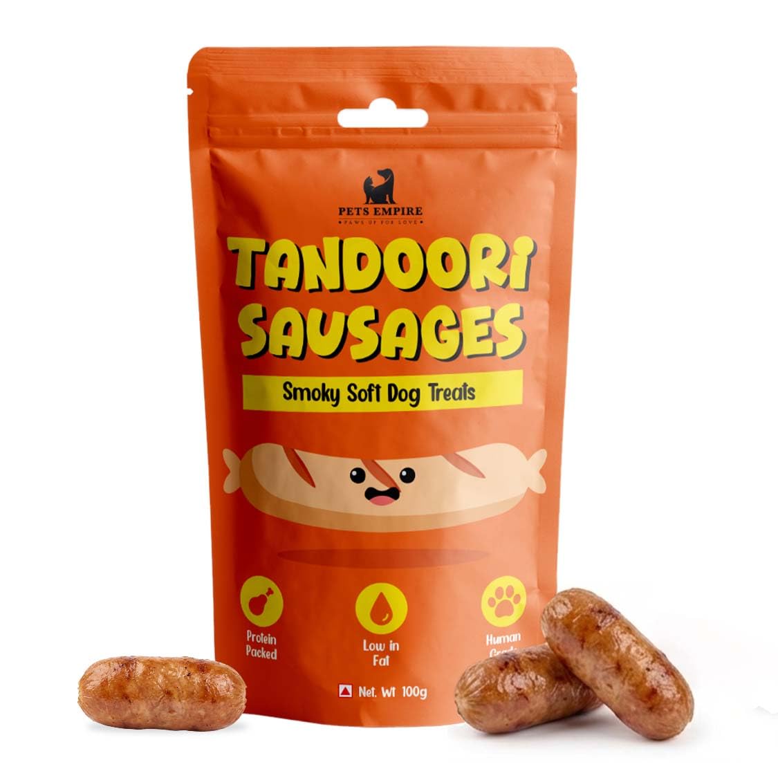 PETS EMPIRE Tandoori Sausages Dog Treats, 100g | Smoky Soft Chew Chicken Sausage Snacks| High Protein Training Treats | Soft & Chewy, Healthy Reward for Puppies & Adult Dogs