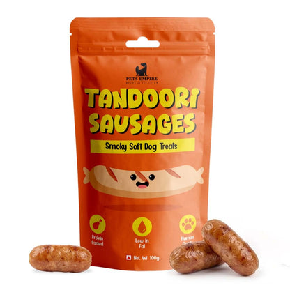 PETS EMPIRE Tandoori Sausages Dog Treats, 100g | Smoky Soft Chew Chicken Sausage Snacks| High Protein Training Treats | Soft & Chewy, Healthy Reward for Puppies & Adult Dogs