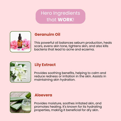 Product packaging with geranium oil, lily extract, and aloe vera on a pink background