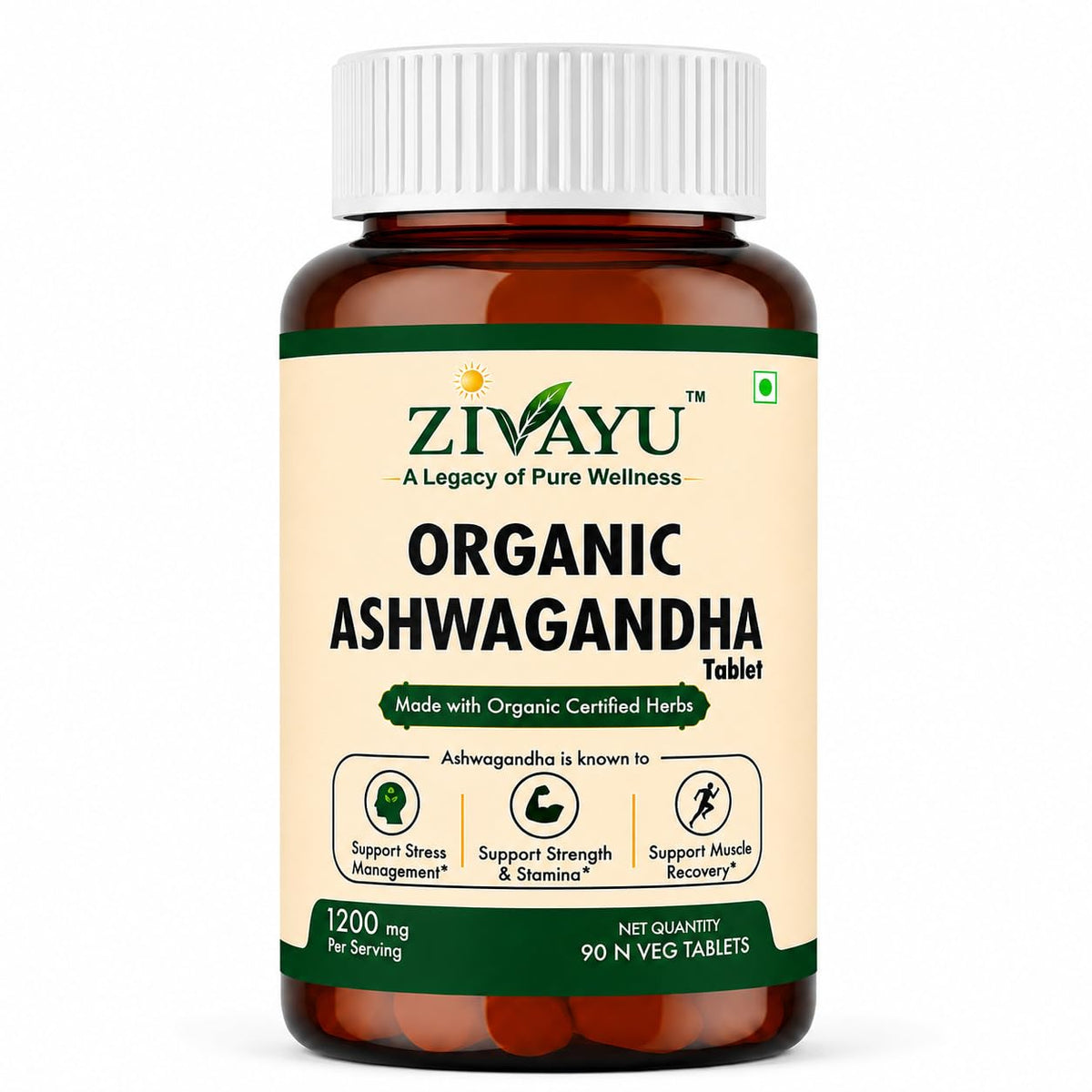 ZIVAYU Organic Ashwagandha Tablets 1200mg (600mg x 2 Per Serving) - Supports Stress & Anxiety Relief, Sleep & Muscle Recovery - USDA & India Organic Certified - Heavy Metal Tested - 90 Tablets