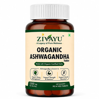 ZIVAYU Organic Ashwagandha Tablets 1200mg (600mg x 2 Per Serving) - Supports Stress & Anxiety Relief, Sleep & Muscle Recovery - USDA & India Organic Certified - Heavy Metal Tested - 90 Tablets