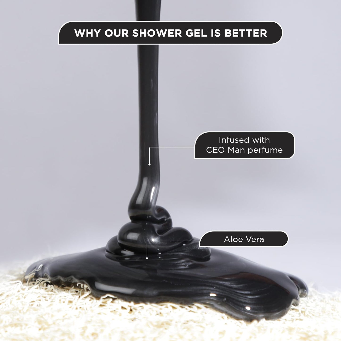 Black shower gel being squeezed onto a textured surface with text highlighting its ingredients.