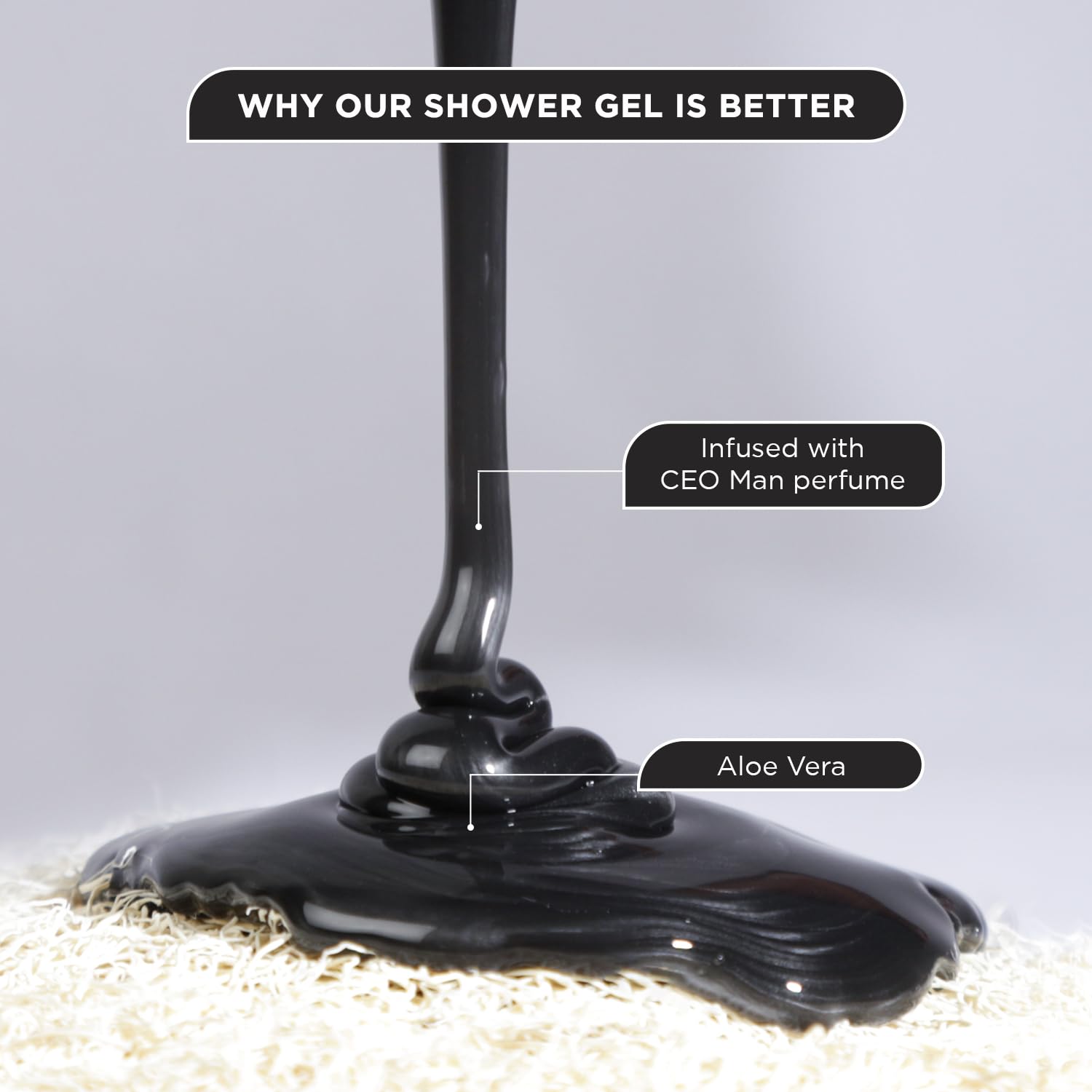 Black shower gel being squeezed onto a textured surface with text highlighting its ingredients.