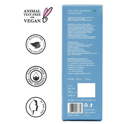 Back of a blue conditioner packaging with certification logos and text on a white background