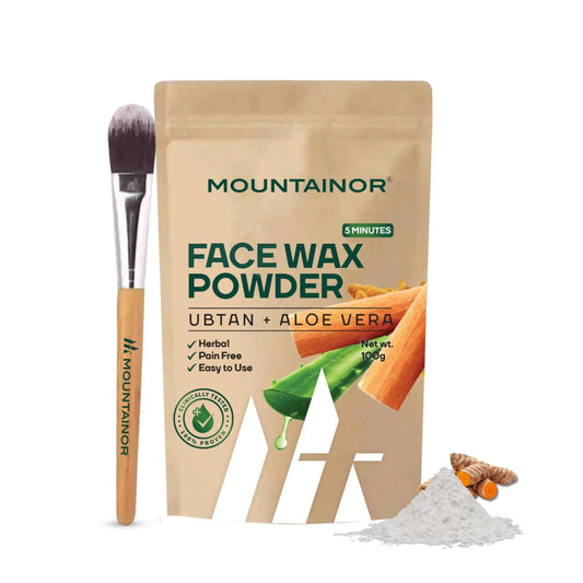 Mountainor face wax powder package with a brush and some powder on a white background