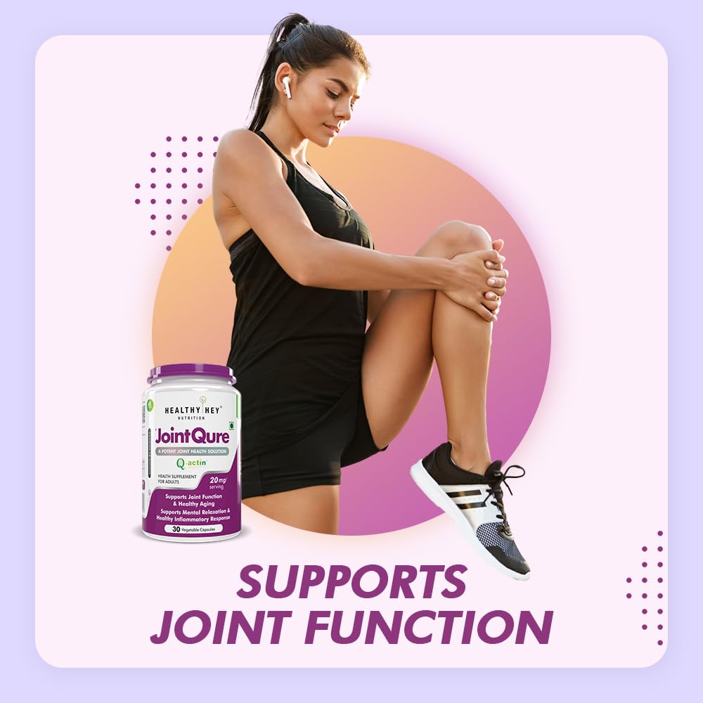 Woman holding a bottle of Healthy Way Joint Cure supplement with a pink circle background