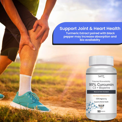 Person holding knee with text about joint and heart health, supplement bottle labeled '95% Curcumin C3 + Bioperine' in foreground.