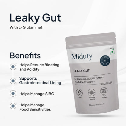 Zephivo Miduty by Palak Notes Leaky Gut Powder - Supports Gastrointestinal lining, Leaky Gut - Helps In Constipation And Heartburn - Advanced Formula with L Glutamine and Aloe Vera Extract - 300 Grams