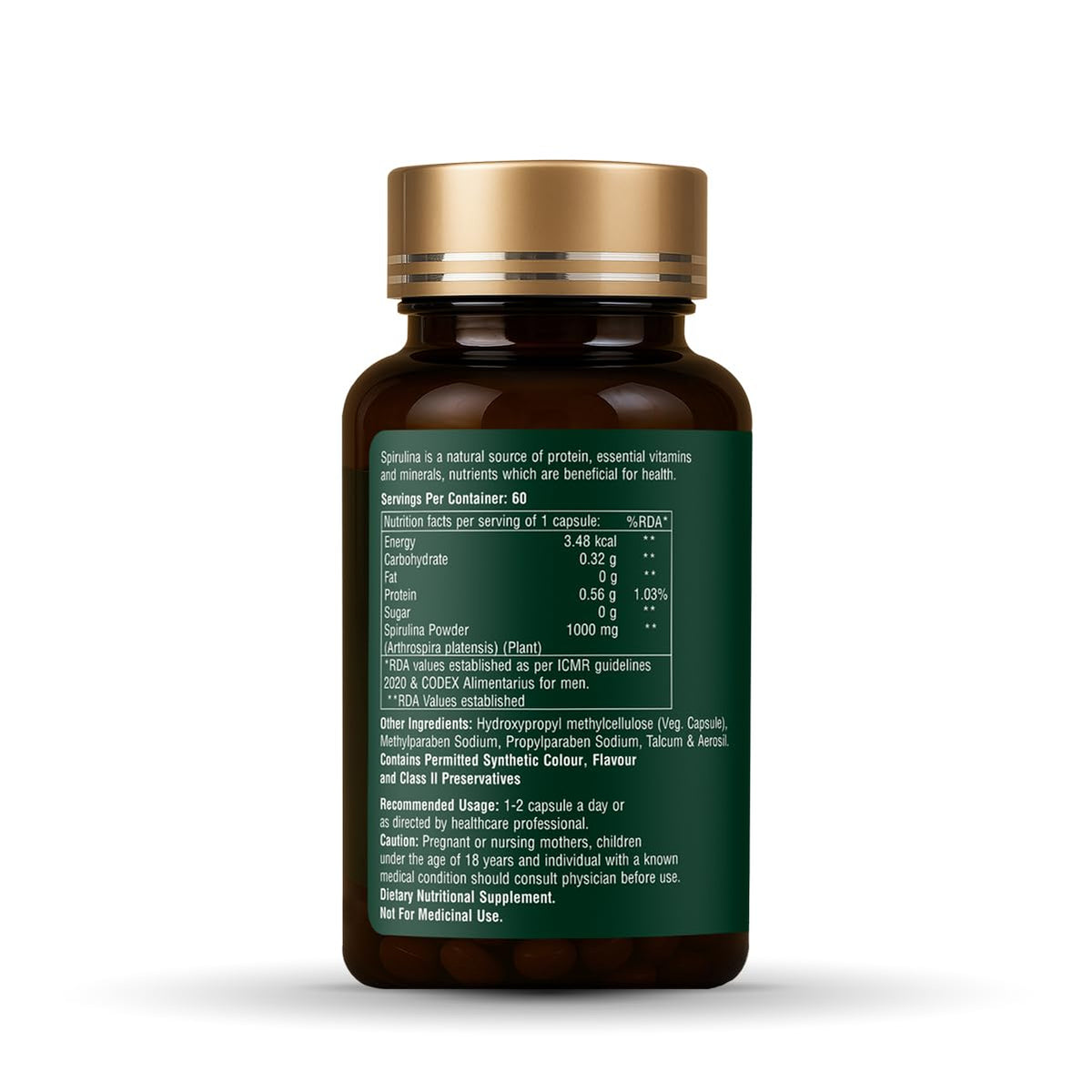 Brown supplement bottle with gold cap on a white background